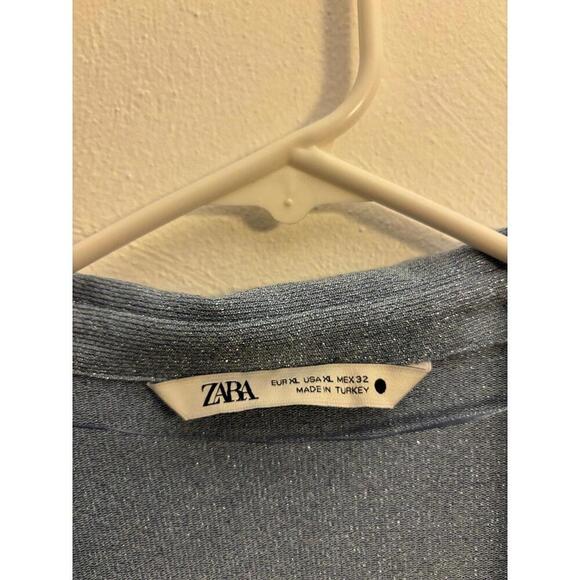 Zara Icy Blue Metallic Collared Keyhole Cutout Long Sleeve Top Size XL - Picture 3 of 8